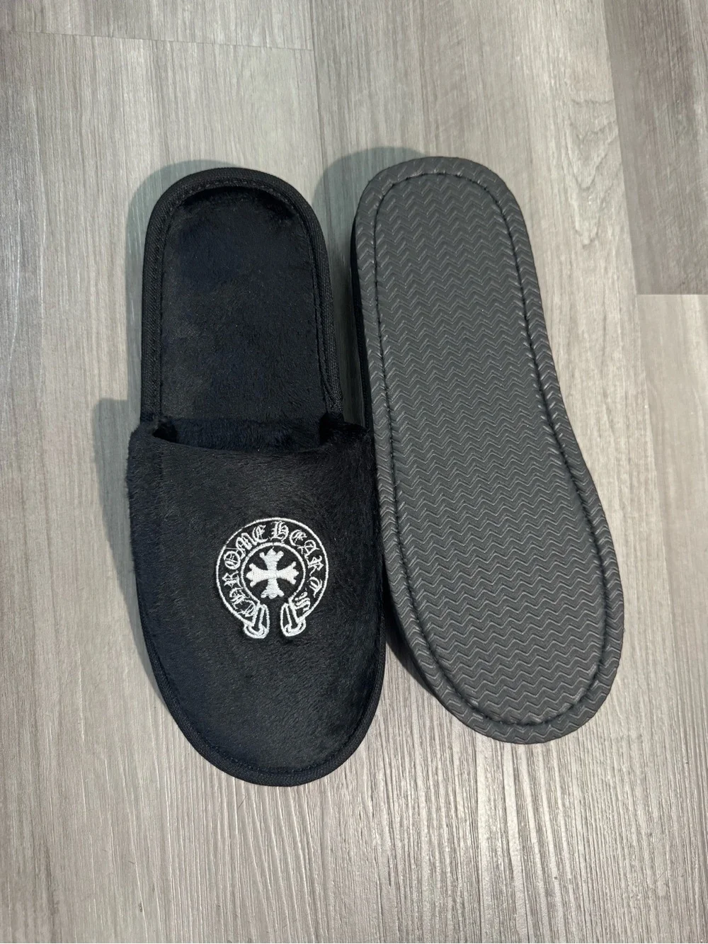 Chrome Hearts Black Plush Slip-On Loafers with White Embroidered Crest